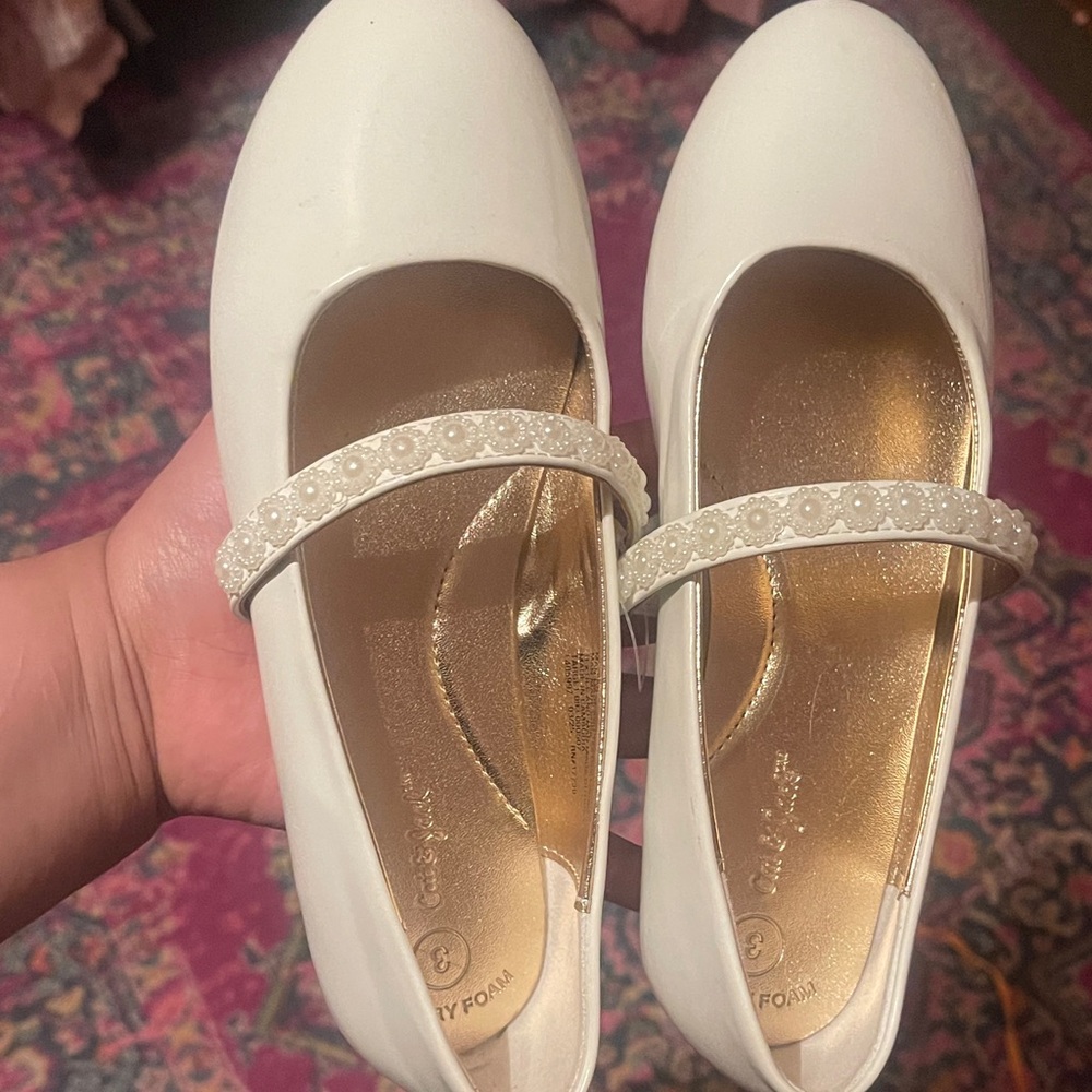 White Girls' Mary Jane Flats with Embellished Strap